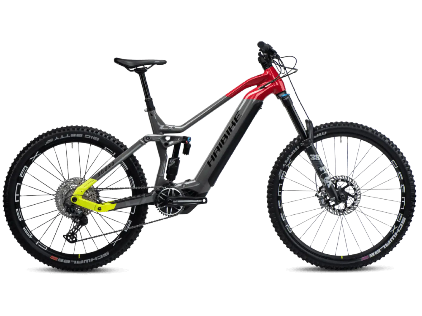 Haibike Nduro 7 Gloss Grey Red Lime plne odpružený elektrický bicykel