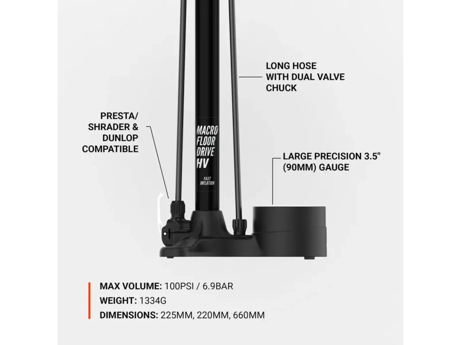 Lezyne Macro HV Floor Drive DV dielenská pumpa Flat Black
