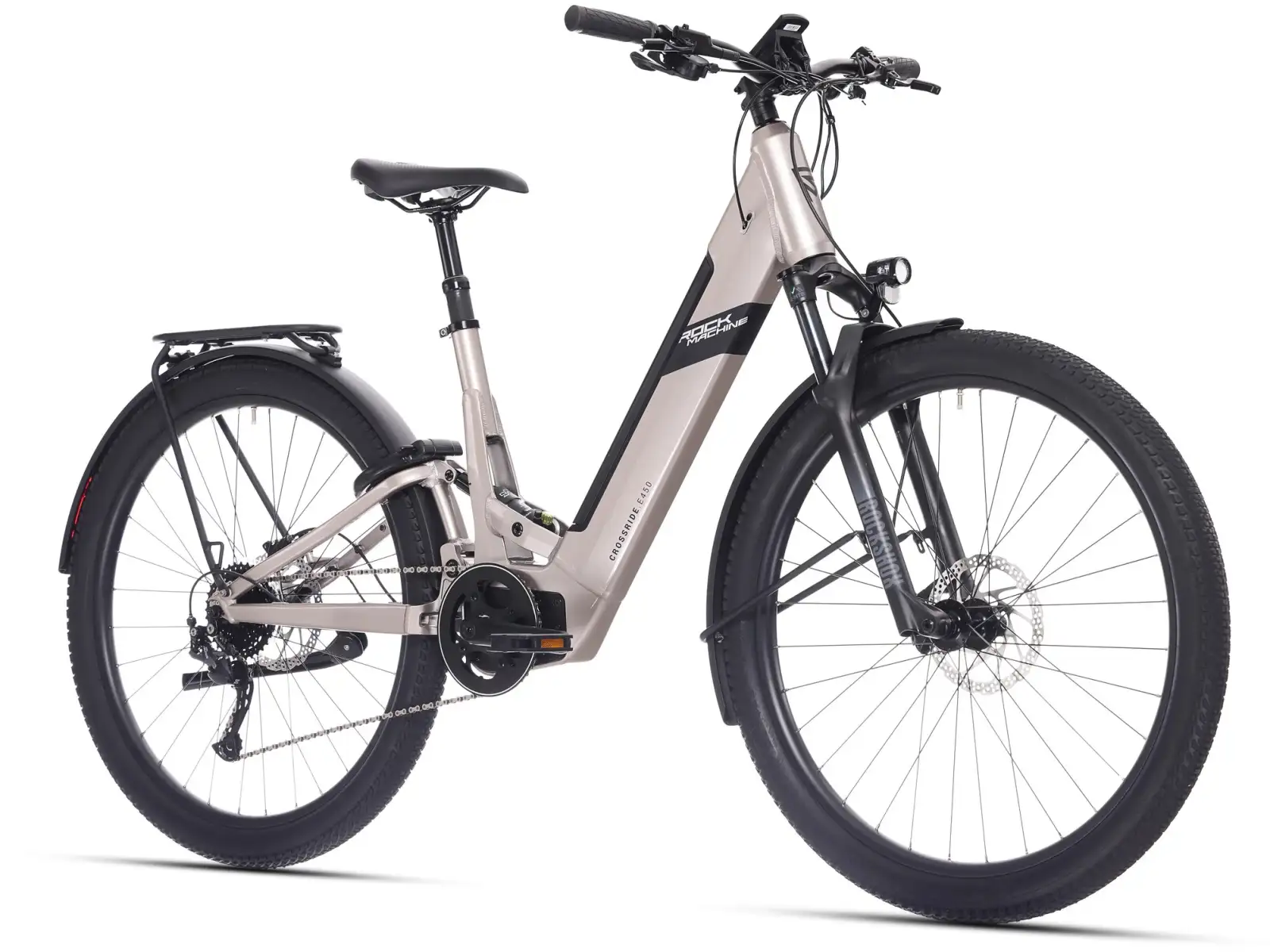 Rock Machine Crossride e450 FS nízkonavstupové celoodpružené elektrobicykel Sand Grey/Black