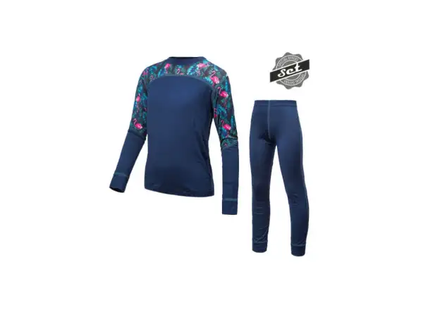 Sensor Merino Impress Set detské tričko s dlhým rukávom + nohavice tmavomodrá/floral
