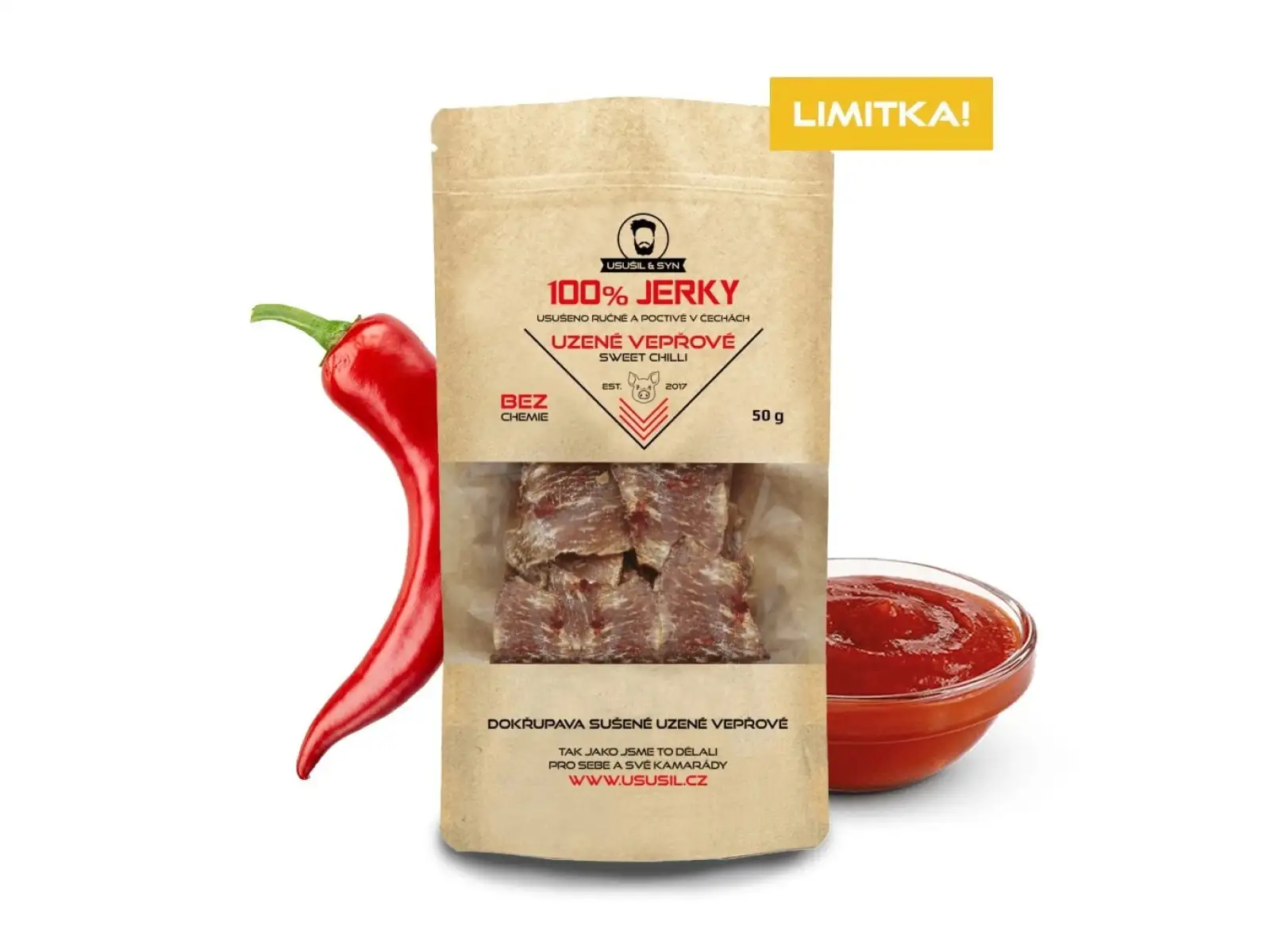 Usušil & syn 100% JERKY Údené bravčové sweet chilli 50 g