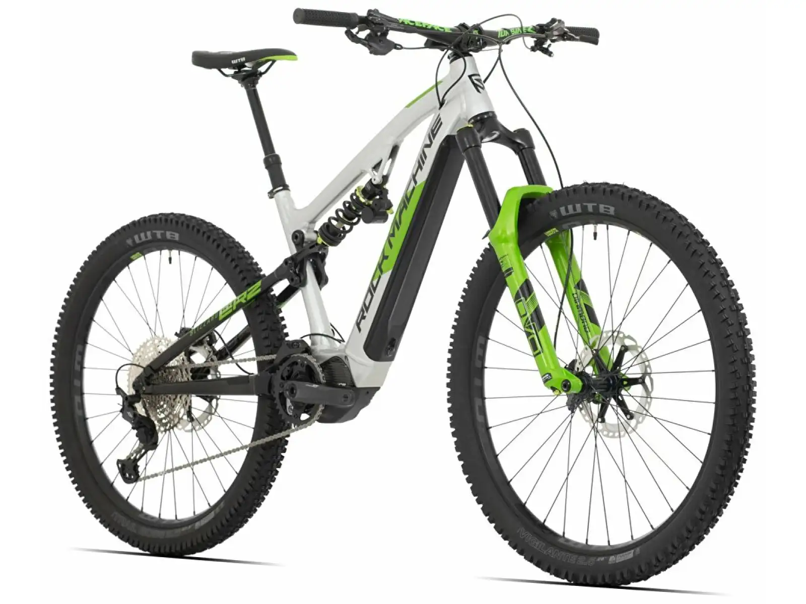 Rock Machine Blizzard INT e90-297 Gloss Silver/Black/Green celoodpružený e-bike