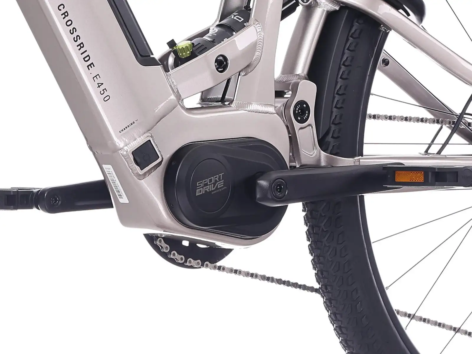 Rock Machine Crossride e450 FS nízkonavstupové celoodpružené elektrobicykel Sand Grey/Black