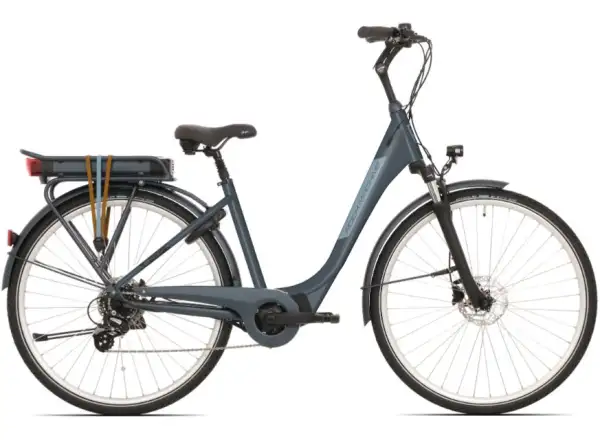 Rock Machine Cityride e100 SD mestský elektrobicykel Silver Stahl/Blue Silver