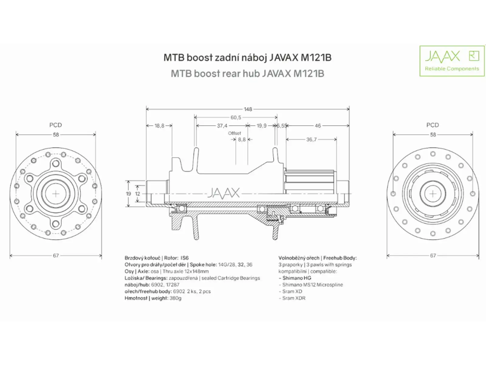 Javax zadný Boost náboj M121B Disc 6 dier 32 dier Shimano 12x148 mm