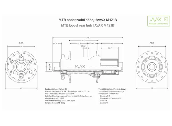 Javax zadný Boost náboj M121B Disc 6 dier 32 dier Shimano 12x148 mm